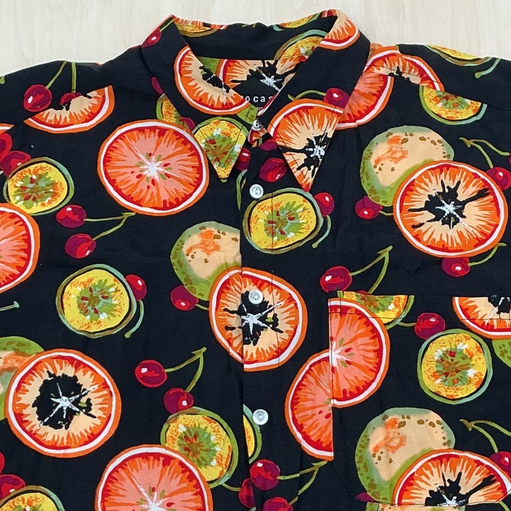 Mens Tarocash Retro Fruit Print Button Down Shirt L Black Tropical Viscose Rayon